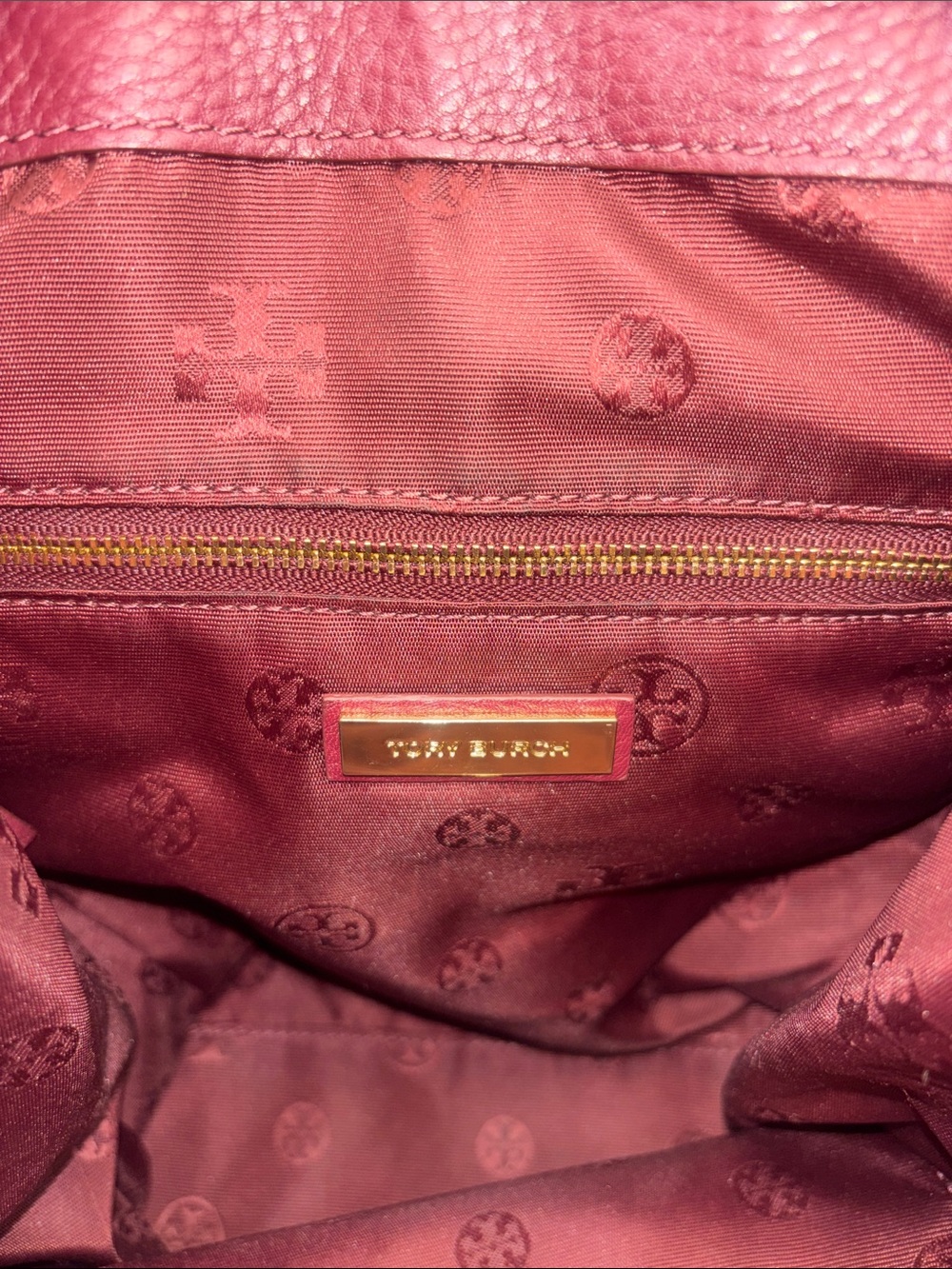 Tory Burch Wine Leather Drawstring Backpack with Gold Logo - Picture 10 of 16